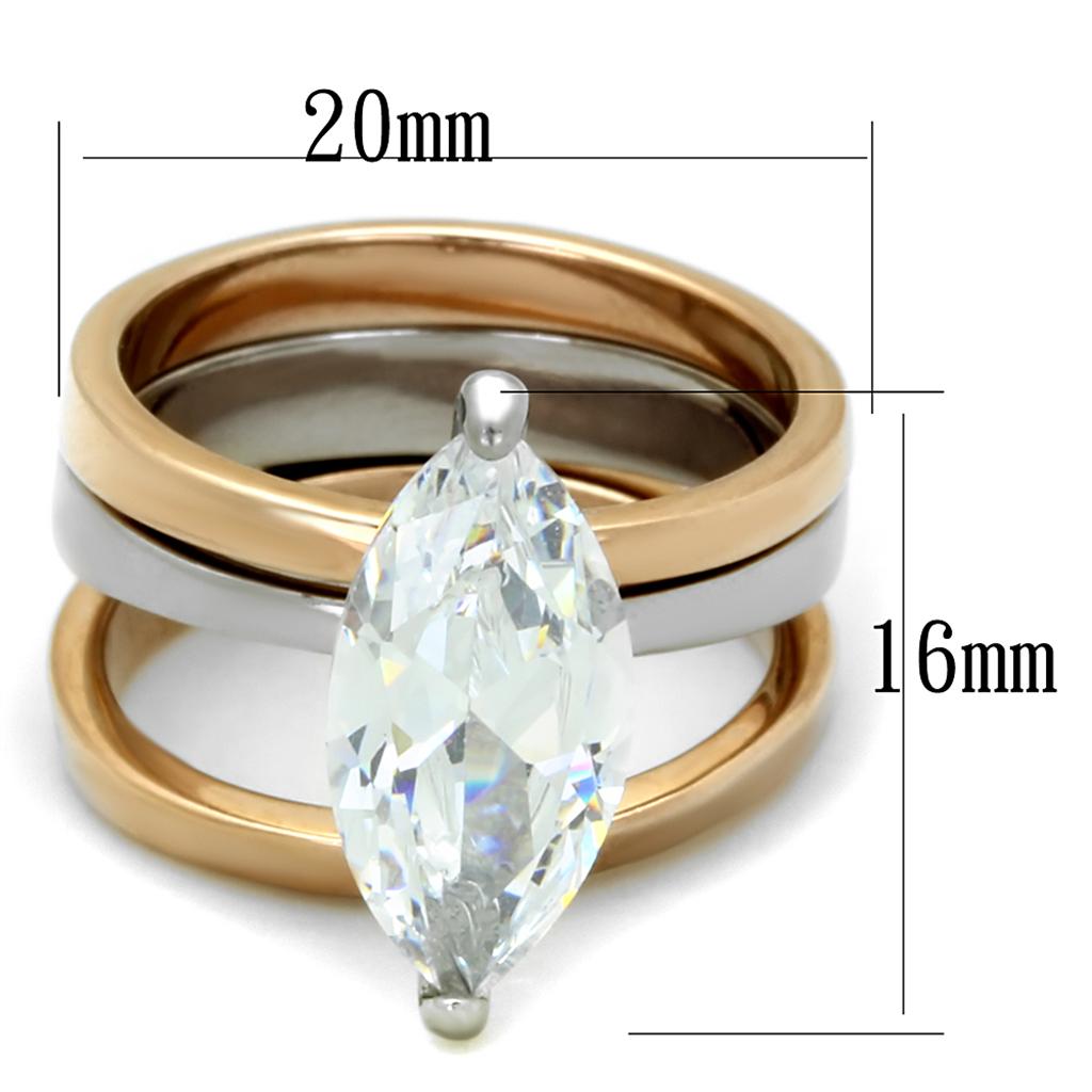Two Tone IP Rose Gold Stainless Steel Ring with AAA Grade CZ in Clear LO3554