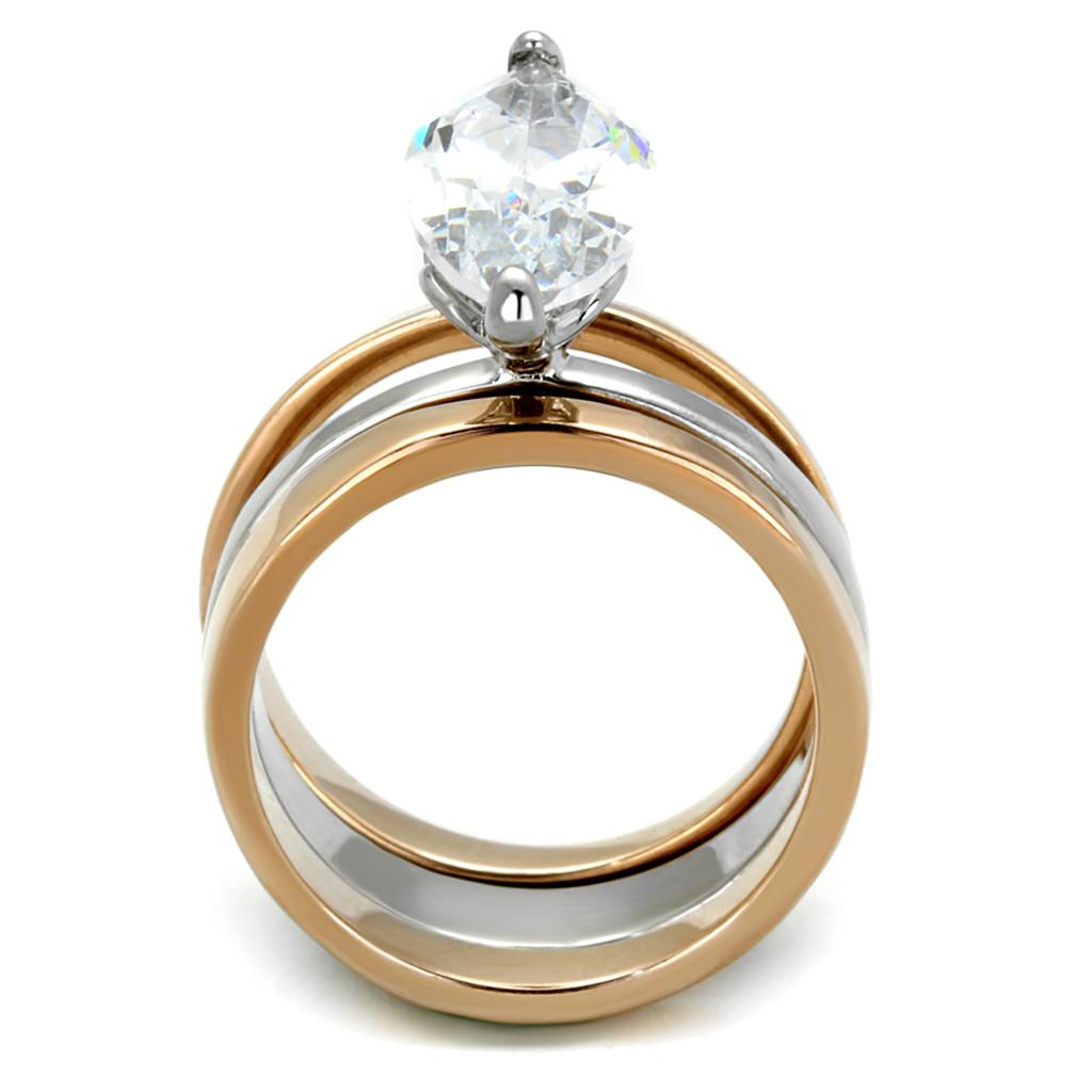 Two Tone IP Rose Gold Stainless Steel Ring with AAA Grade CZ in Clear LO3554