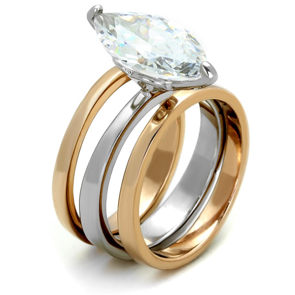 Two Tone IP Rose Gold Stainless Steel Ring with AAA Grade CZ in Clear LO3554