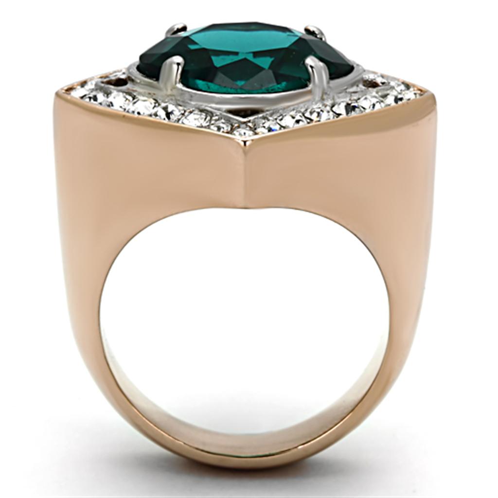 Two Tone IP Rose Gold Stainless Steel Ring with Synthetic Synthetic Glass in Blue Zircon TK1160