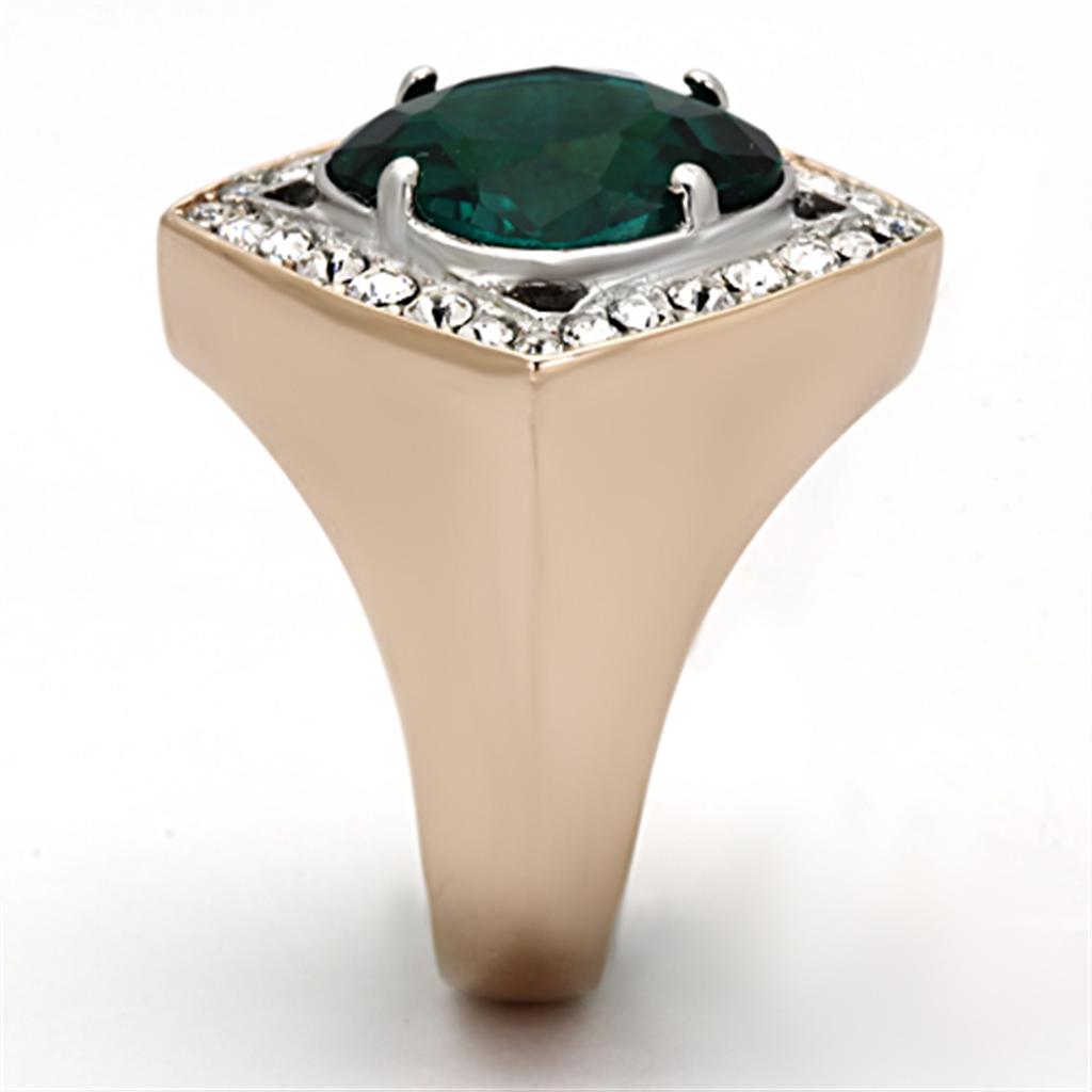 Two Tone IP Rose Gold Stainless Steel Ring with Synthetic Synthetic Glass in Blue Zircon TK1160