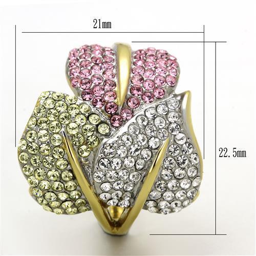 Two Tone IP Gold (Ion Plating) Stainless Steel Ring with Top Grade Crystal in Multi Color TK1441