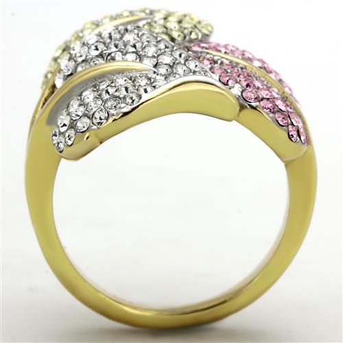 Two Tone IP Gold (Ion Plating) Stainless Steel Ring with Top Grade Crystal in Multi Color TK1441