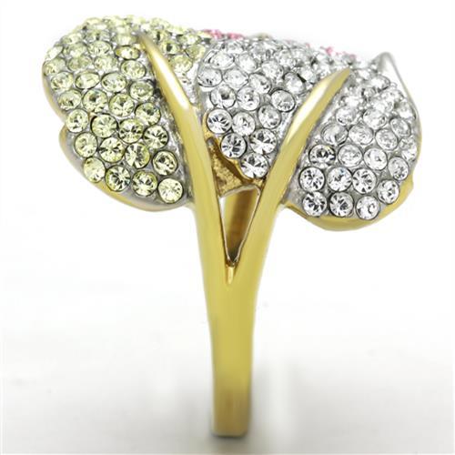 Two Tone IP Gold (Ion Plating) Stainless Steel Ring with Top Grade Crystal in Multi Color TK1441