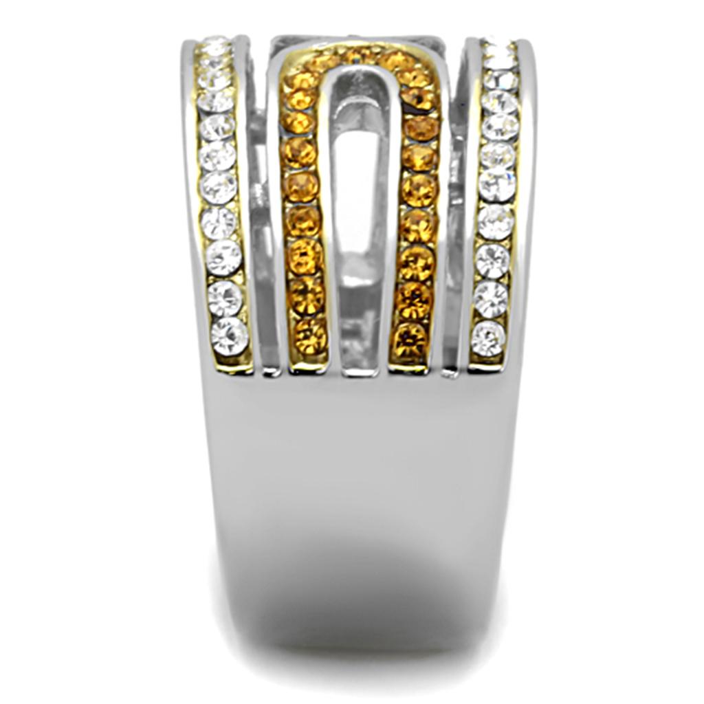 Two Tone IP Gold (Ion Plating) Stainless Steel Ring with Top Grade Crystal in Topaz TK1555