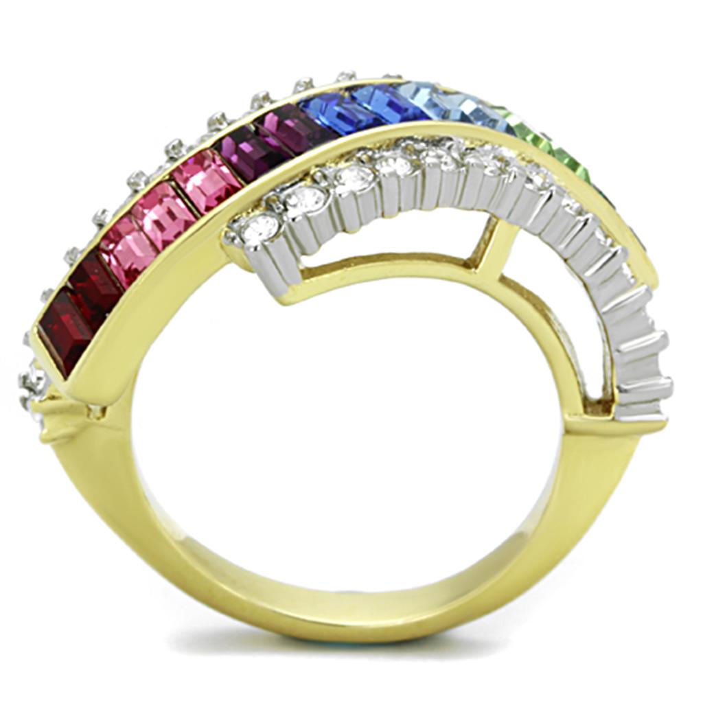 Two Tone IP Gold (Ion Plating) Stainless Steel Ring with Top Grade Crystal in Multi Color TK1575
