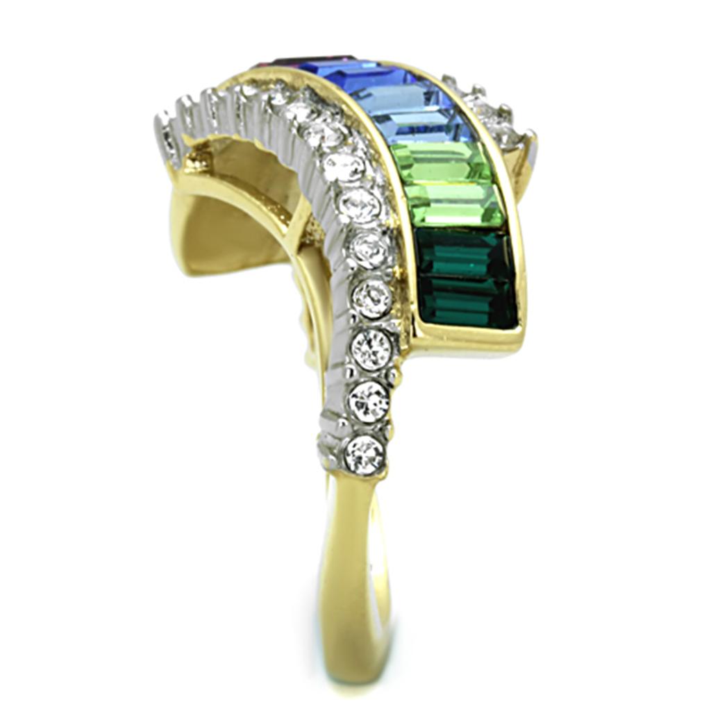 Two Tone IP Gold (Ion Plating) Stainless Steel Ring with Top Grade Crystal in Multi Color TK1575