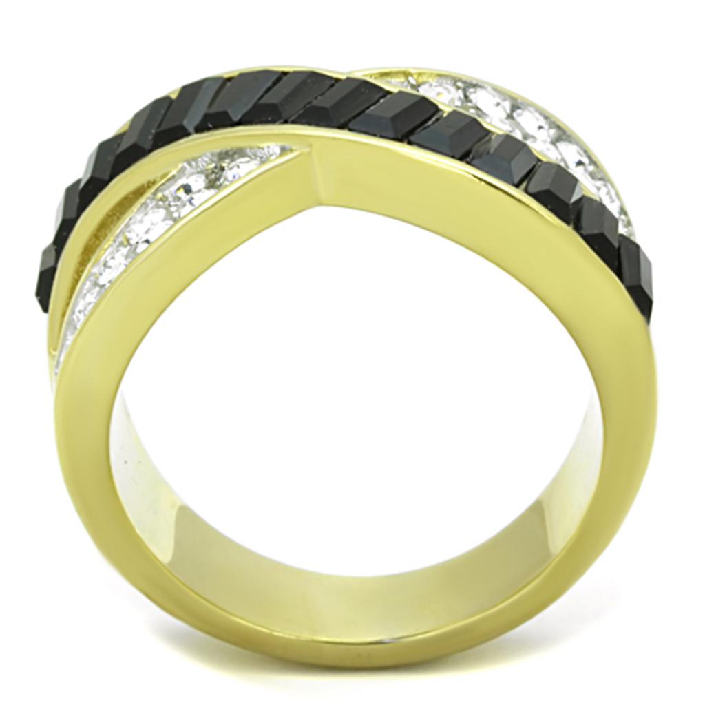 Two Tone IP Gold (Ion Plating) Stainless Steel Ring with Top Grade Crystal in Jet TK1577