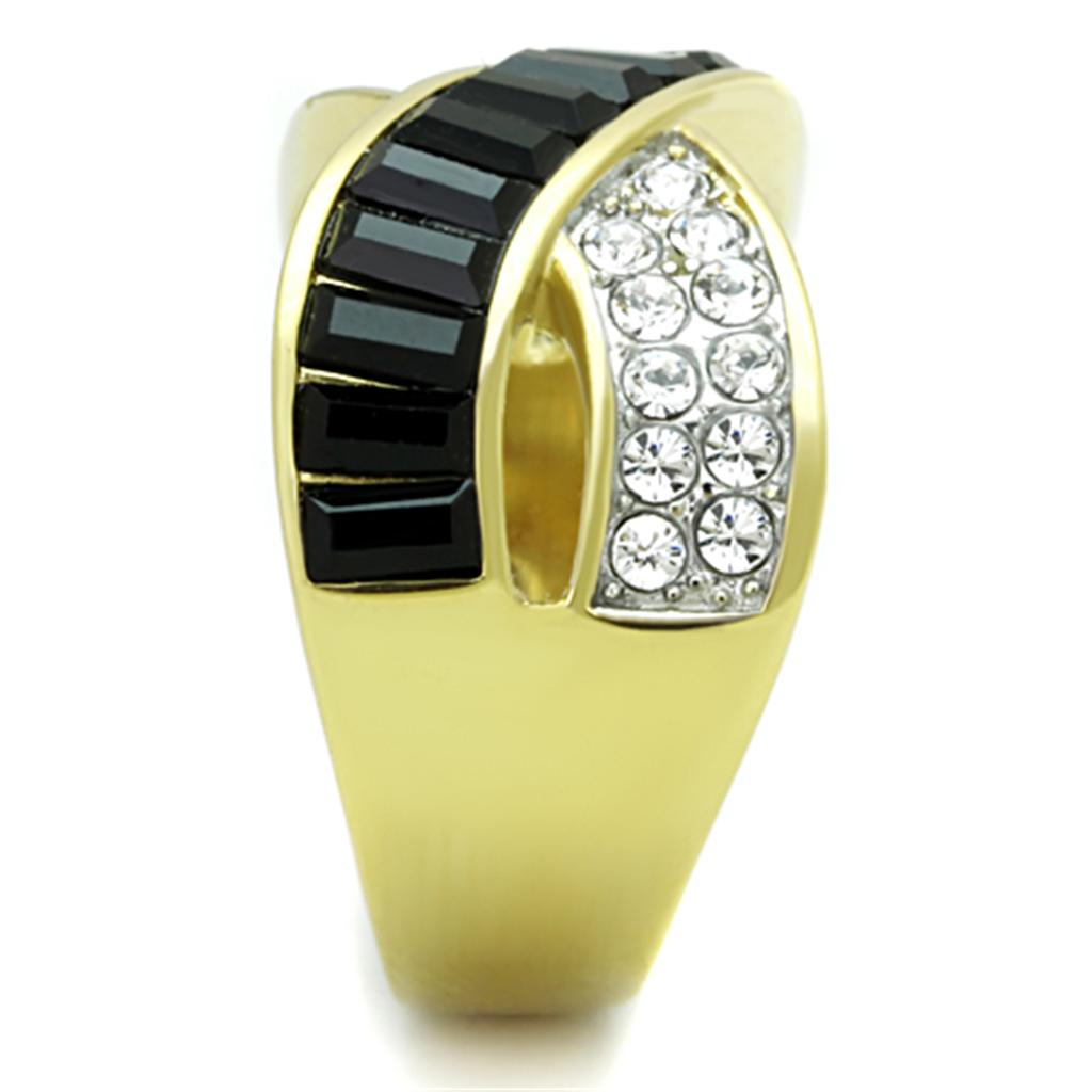 Two Tone IP Gold (Ion Plating) Stainless Steel Ring with Top Grade Crystal in Jet TK1577