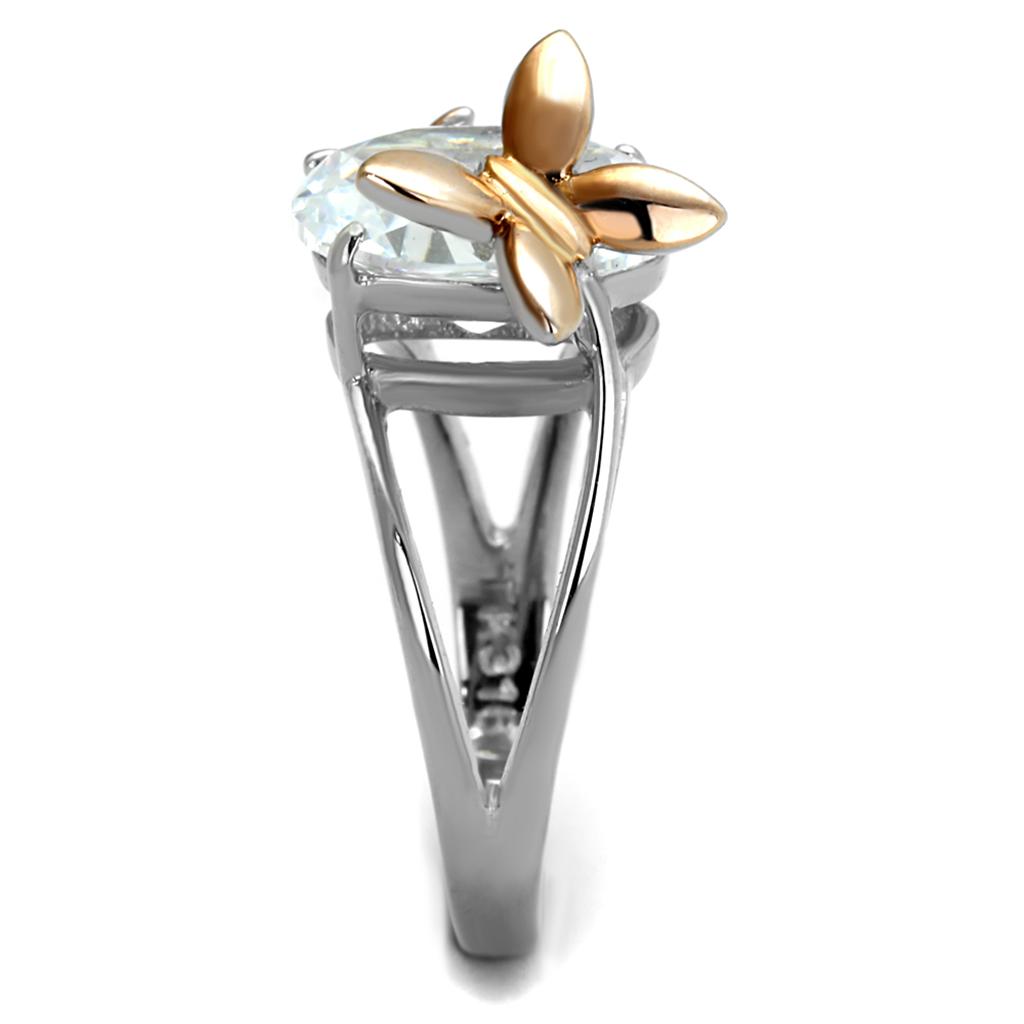 Two Tone IP Rose Gold Stainless Steel Ring with AAA Grade CZ in Clear TK2135