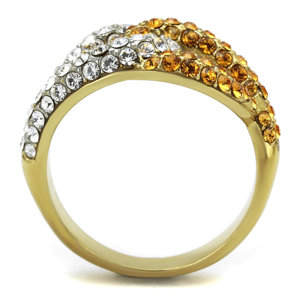 Two Tone IP Gold (Ion Plating) Stainless Steel Ring with Top Grade Crystal in Topaz TK2251