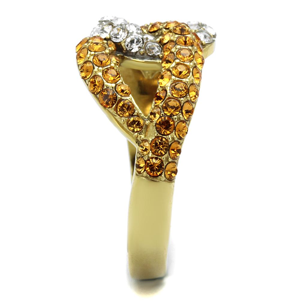 Two Tone IP Gold (Ion Plating) Stainless Steel Ring with Top Grade Crystal in Topaz TK2251