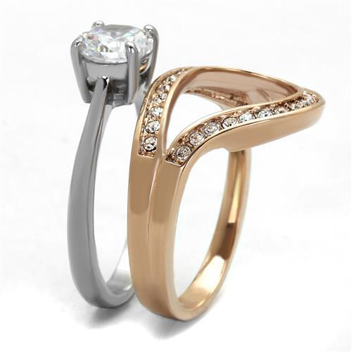 Two Tone IP Rose Gold Stainless Steel Ring with AAA Grade CZ in Clear TK2479