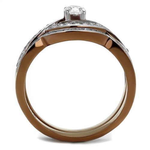 Two Tone IP Light Brown (IP Light coffee) Stainless Steel Ring with AAA Grade CZ in Clear TK2953