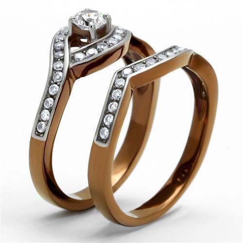 Two Tone IP Light Brown (IP Light coffee) Stainless Steel Ring with AAA Grade CZ in Clear TK2953