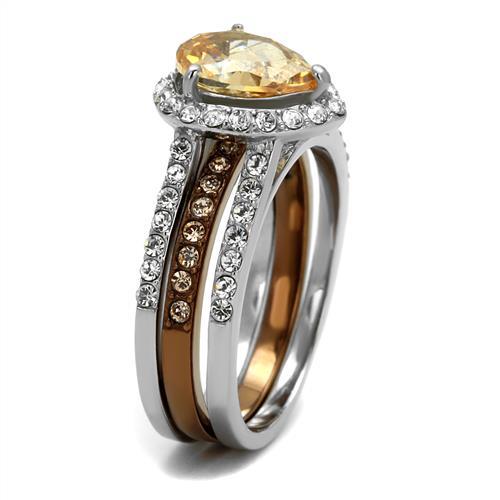 Two Tone IP Light Brown (IP Light coffee) Stainless Steel Ring with AAA Grade CZ in Champagne TK2961