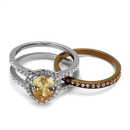Two Tone IP Light Brown (IP Light coffee) Stainless Steel Ring with AAA Grade CZ in Champagne TK2961