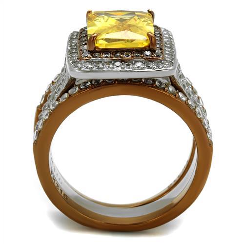 Two Tone IP Light Brown (IP Light coffee) Stainless Steel Ring with AAA Grade CZ in Topaz TK2962