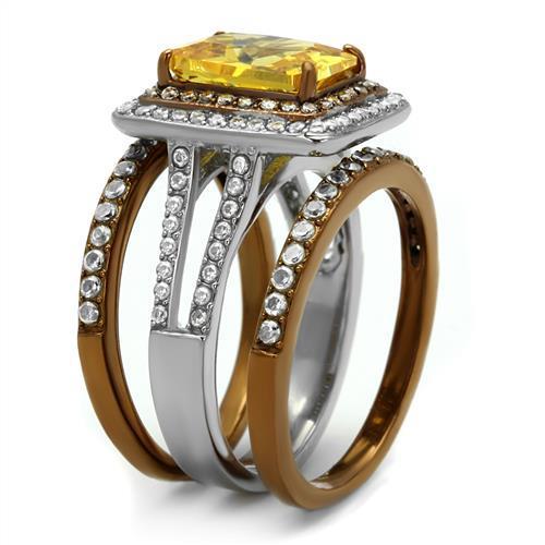 Two Tone IP Light Brown (IP Light coffee) Stainless Steel Ring with AAA Grade CZ in Topaz TK2962