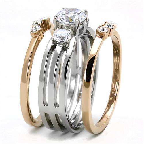 Two Tone IP Rose Gold Stainless Steel Ring with AAA Grade CZ in Clear TK3212