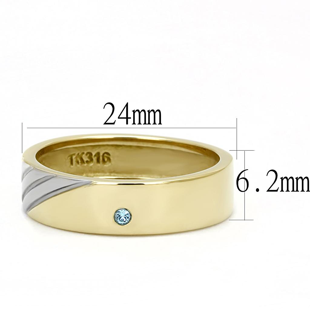 Two Tone IP Gold (Ion Plating) Stainless Steel Ring with Top Grade Crystal in Sea Blue TK3267