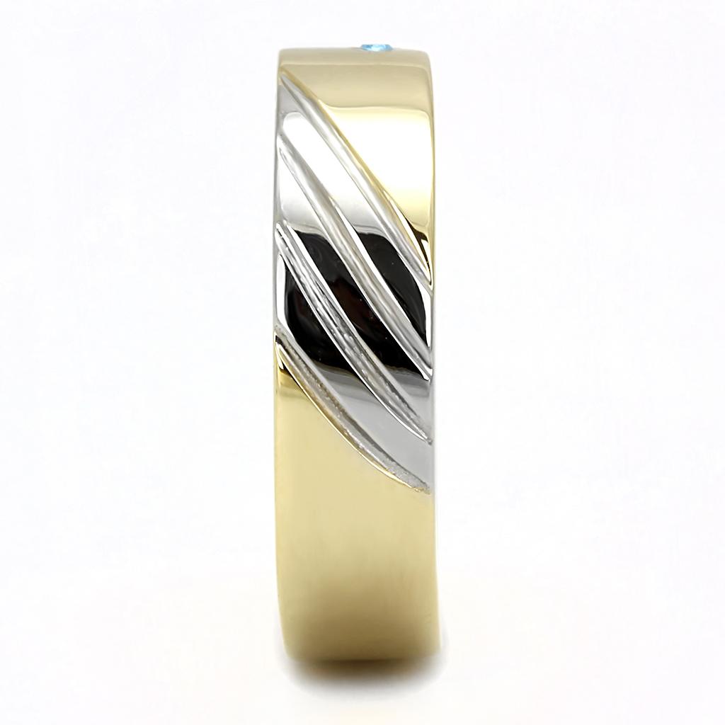 Two Tone IP Gold (Ion Plating) Stainless Steel Ring with Top Grade Crystal in Sea Blue TK3267