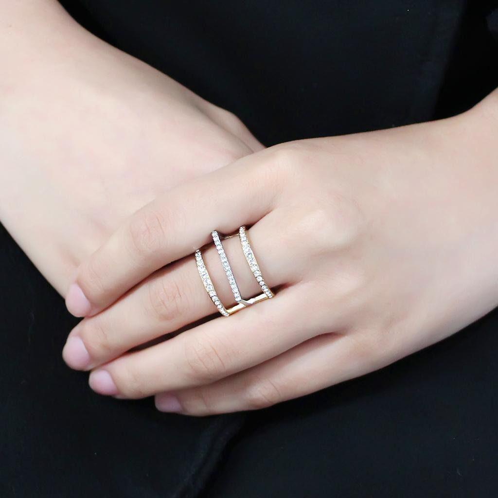 Two Tone IP Gold (Ion Plating) Stainless Steel Ring with Top Grade Crystal in Clear TK3593