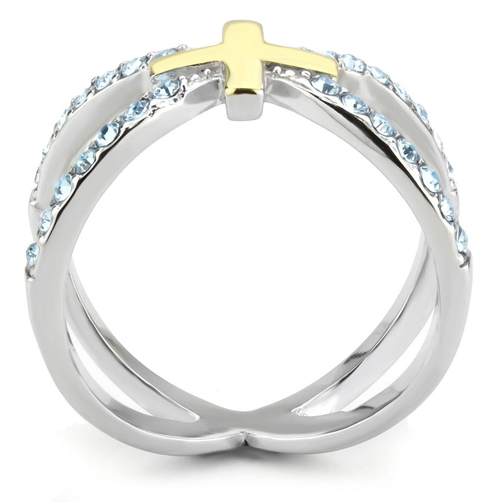 Two Tone IP Gold (Ion Plating) Stainless Steel Ring with Top Grade Crystal in Sea Blue TK3636
