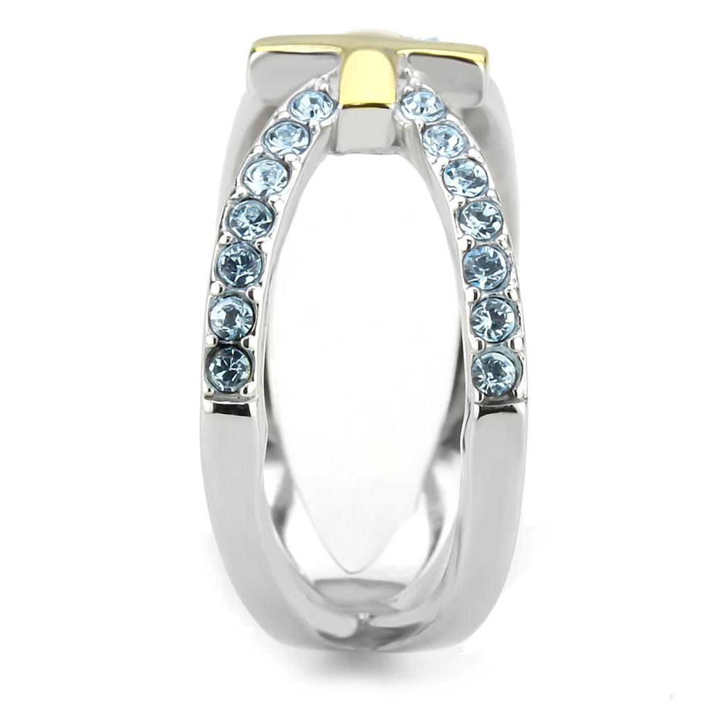 Two Tone IP Gold (Ion Plating) Stainless Steel Ring with Top Grade Crystal in Sea Blue TK3636