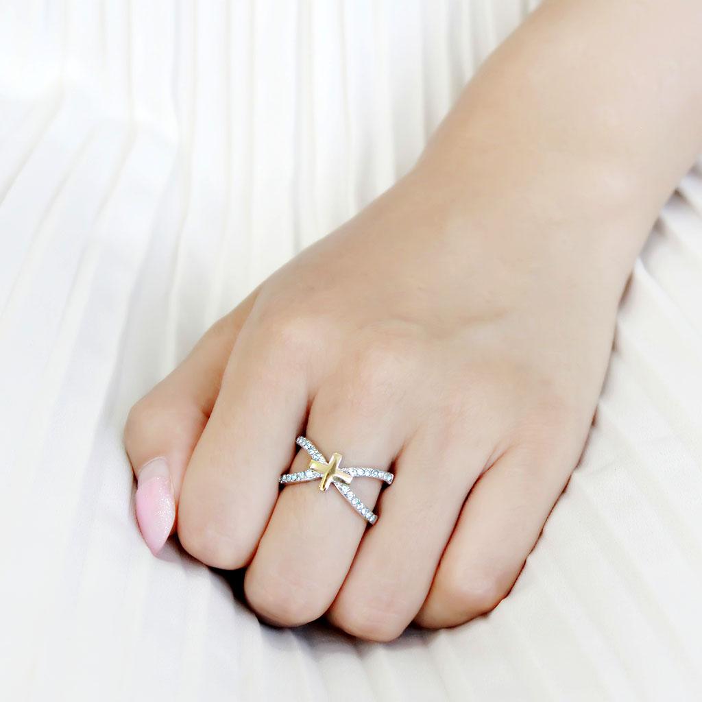 Two Tone IP Gold (Ion Plating) Stainless Steel Ring with Top Grade Crystal in Sea Blue TK3636