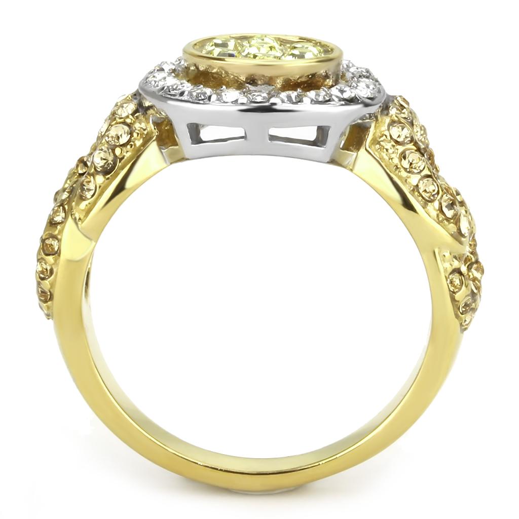 Two Tone IP Gold (Ion Plating) Stainless Steel Ring with Top Grade Crystal in Multi Color TK3704