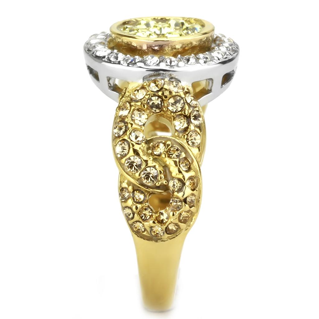 Two Tone IP Gold (Ion Plating) Stainless Steel Ring with Top Grade Crystal in Multi Color TK3704