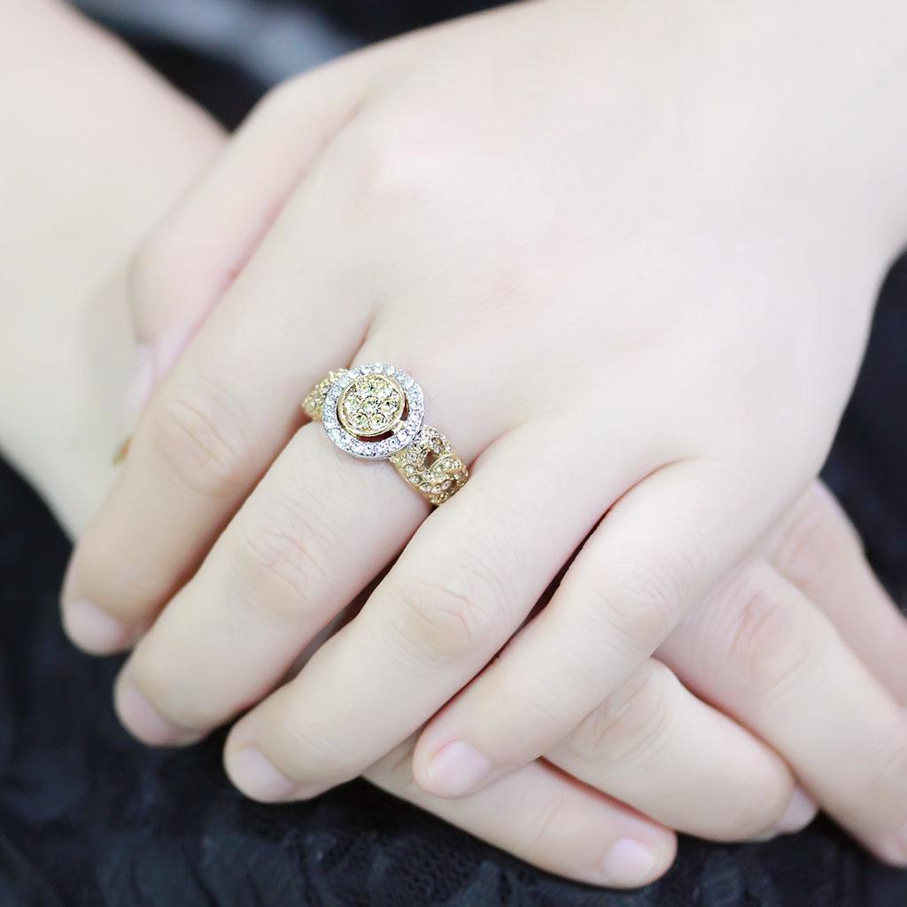 Two Tone IP Gold (Ion Plating) Stainless Steel Ring with Top Grade Crystal in Multi Color TK3704