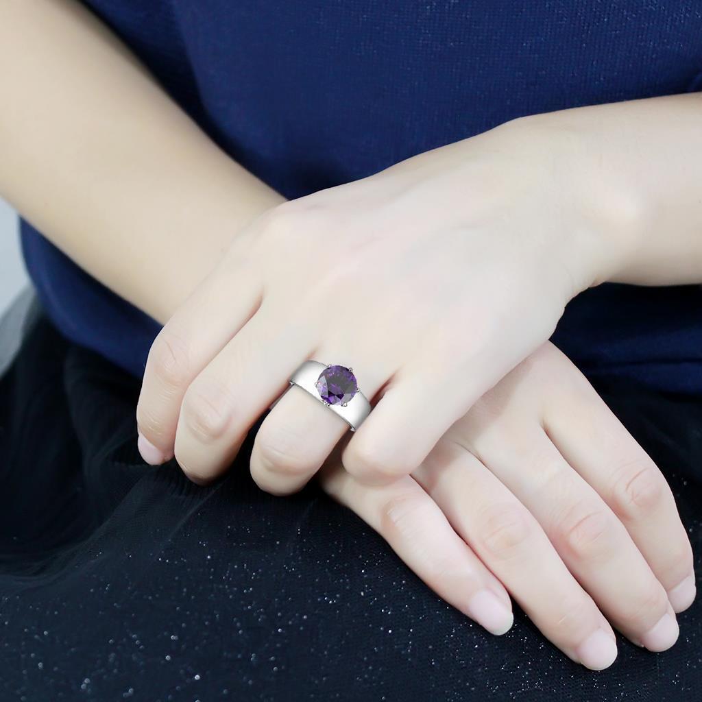 High polished (no plating) Stainless Steel Ring with AAA Grade CZ in Amethyst TK52002
