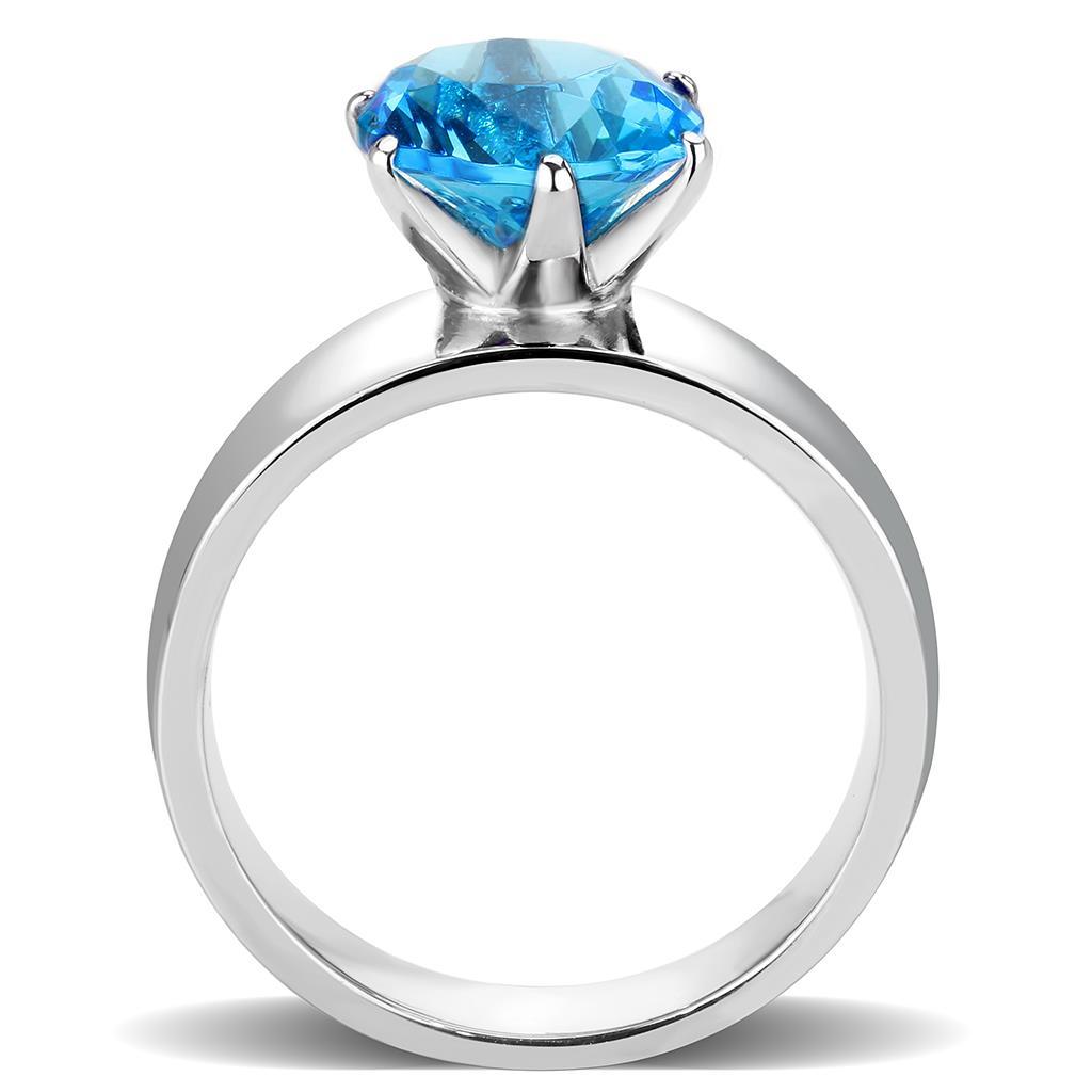 High polished (no plating) Stainless Steel Ring with Synthetic Synthetic Glass in Sea Blue TK52003