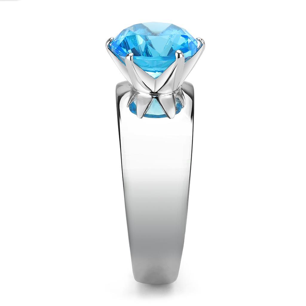 High polished (no plating) Stainless Steel Ring with Synthetic Synthetic Glass in Sea Blue TK52003