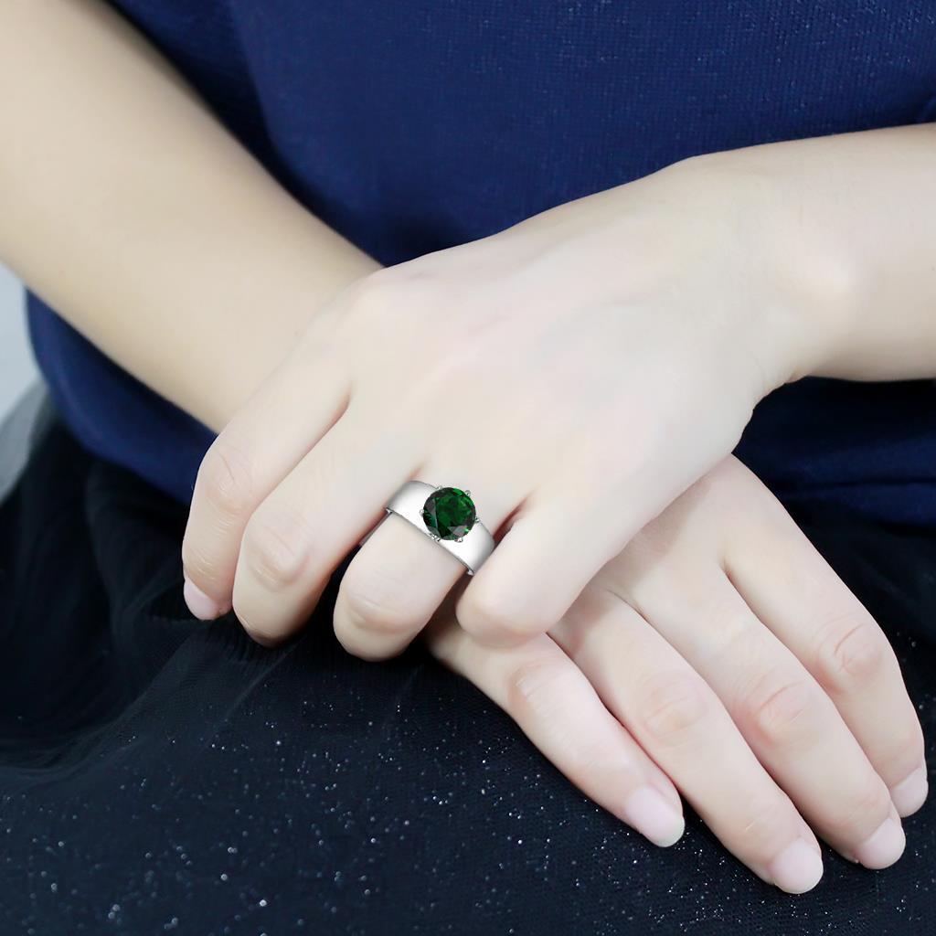 High polished (no plating) Stainless Steel Ring with Synthetic Synthetic Glass in Emerald TK52005