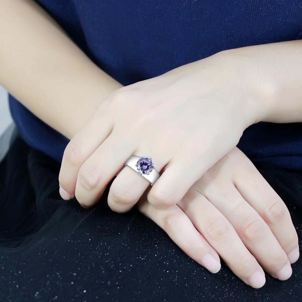 High polished (no plating) Stainless Steel Ring with AAA Grade CZ in Light Amethyst TK52006