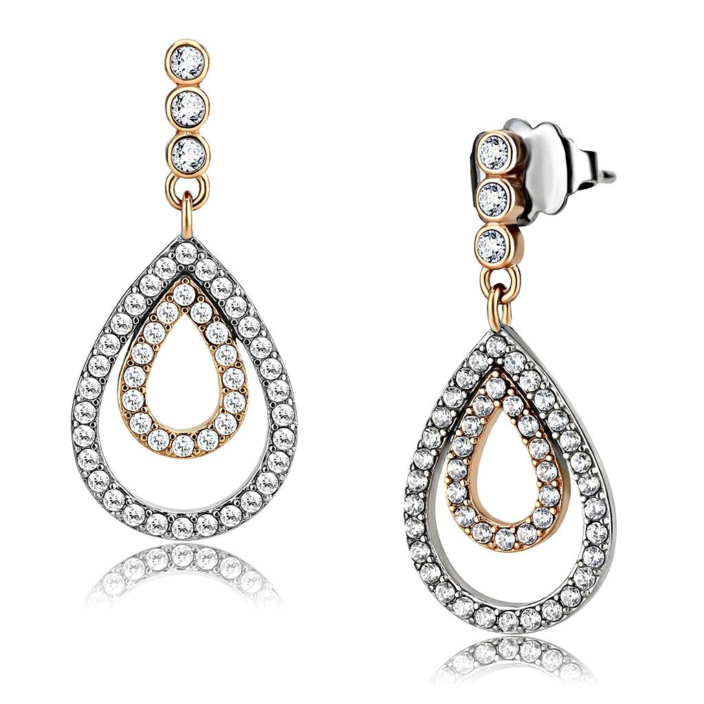 Two Tone IP Rose Gold Stainless Steel Earrings with AAA Grade CZ in Clear DA227