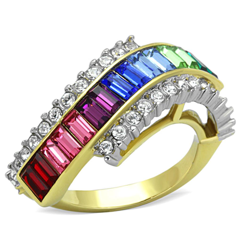 Two Tone IP Gold (Ion Plating) Stainless Steel Ring with Top Grade Crystal in Multi Color TK1575