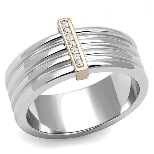 Two Tone IP Rose Gold Stainless Steel Ring with Top Grade Crystal in Clear TK3176