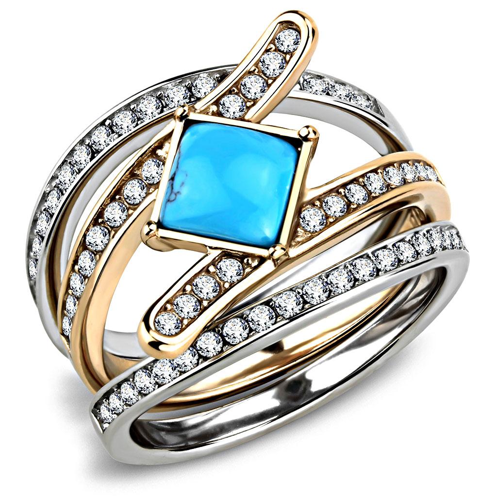Two Tone IP Rose Gold Stainless Steel Ring with Synthetic Turquoise in Sea Blue TK3519