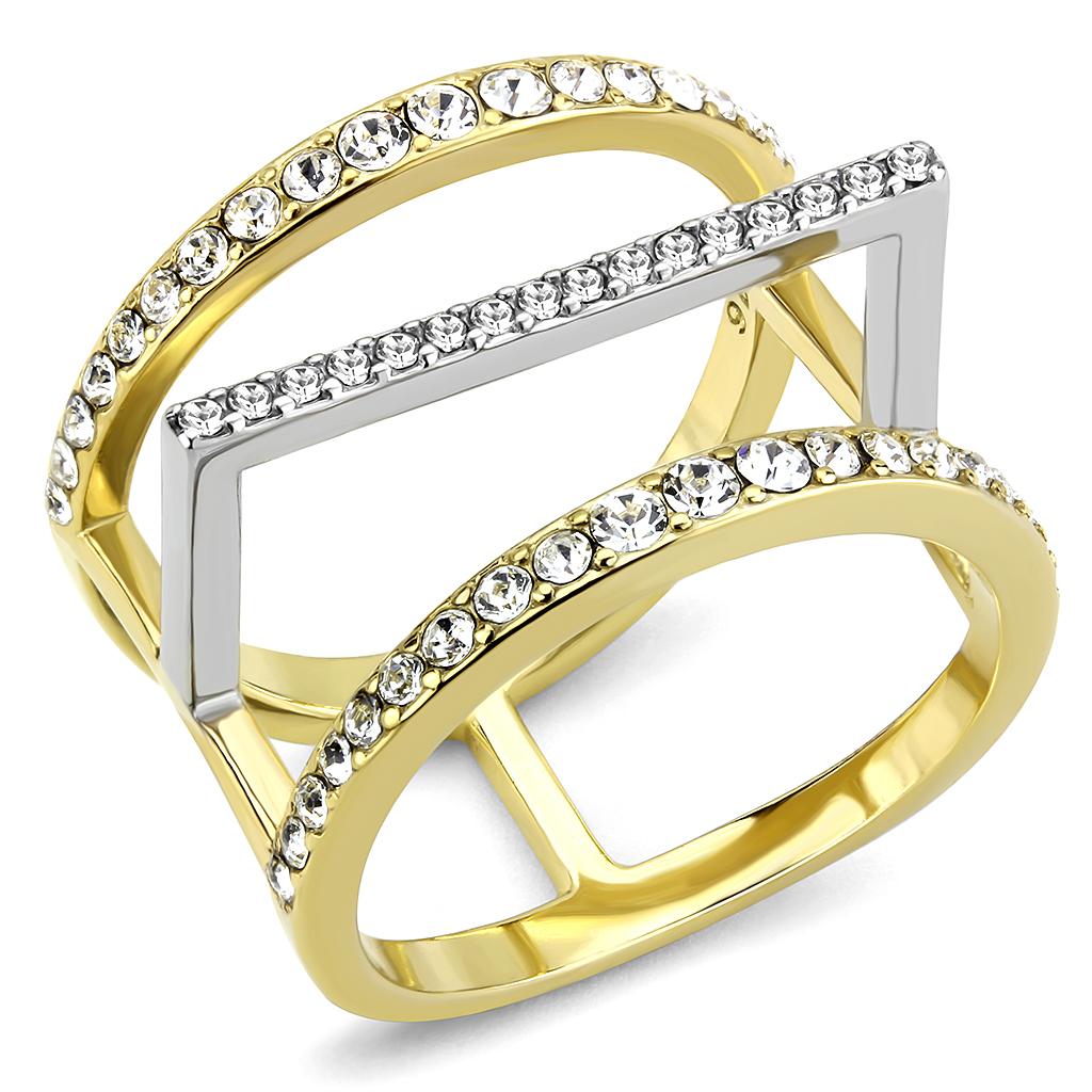 Two Tone IP Gold (Ion Plating) Stainless Steel Ring with Top Grade Crystal in Clear TK3593