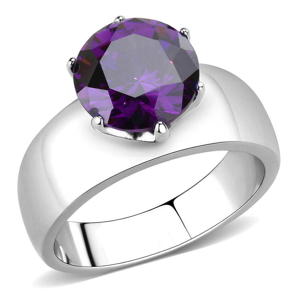 High polished (no plating) Stainless Steel Ring with AAA Grade CZ in Amethyst TK52002