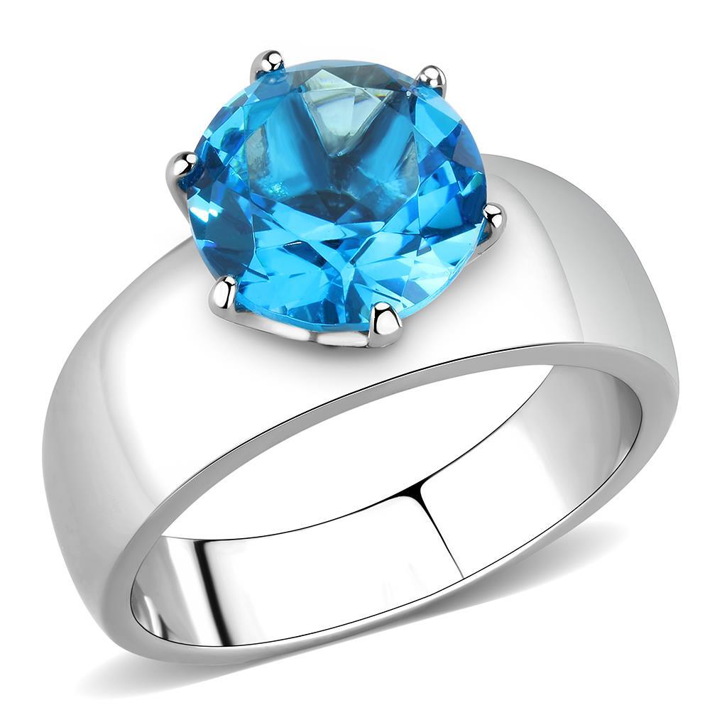 High polished (no plating) Stainless Steel Ring with Synthetic Synthetic Glass in Sea Blue TK52003