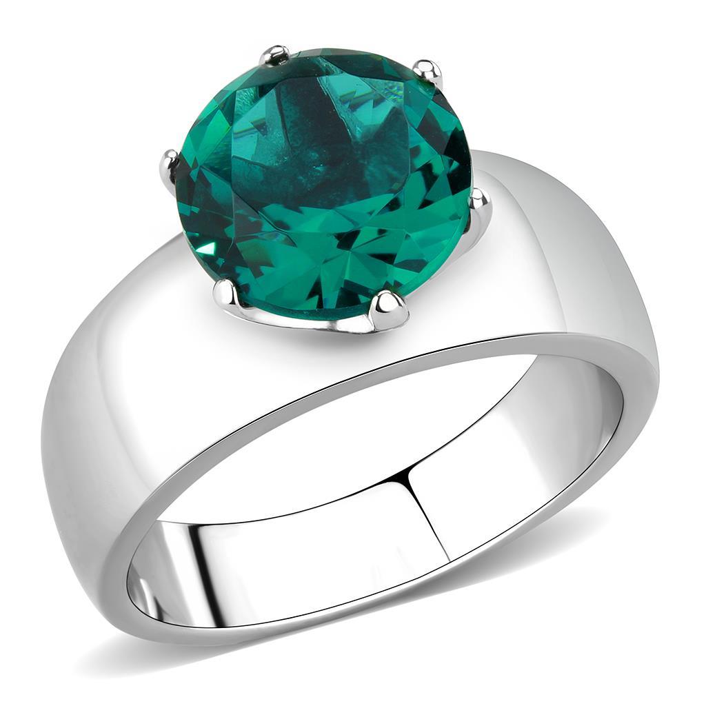 High polished (no plating) Stainless Steel Ring with Synthetic Synthetic Glass in Blue Zircon TK52012