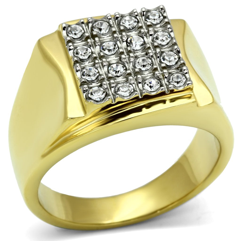Two Tone IP Gold (Ion Plating) Stainless Steel Ring with Top Grade Crystal in Clear TK751