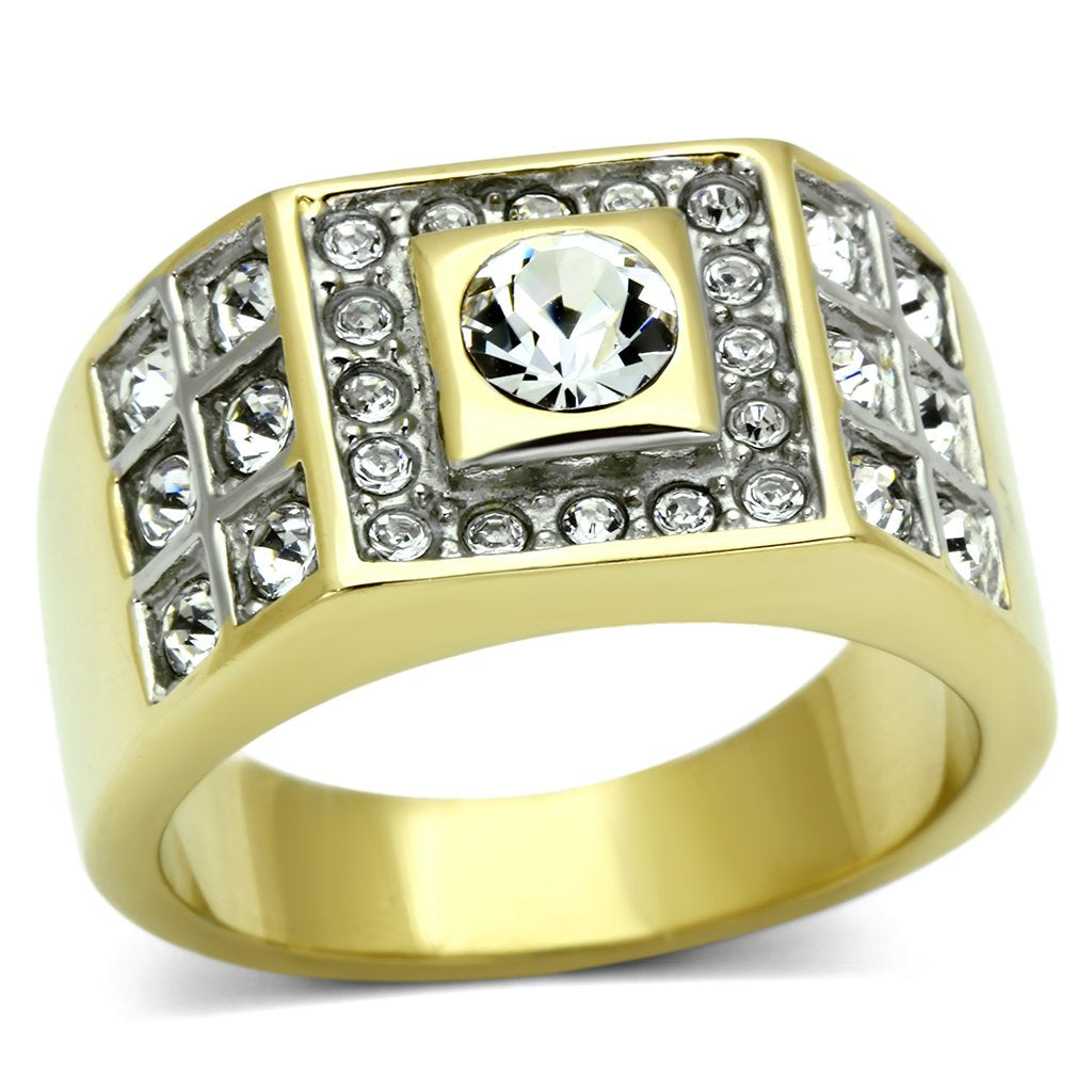 Two Tone IP Gold (Ion Plating) Stainless Steel Ring with Top Grade Crystal in Clear TK762