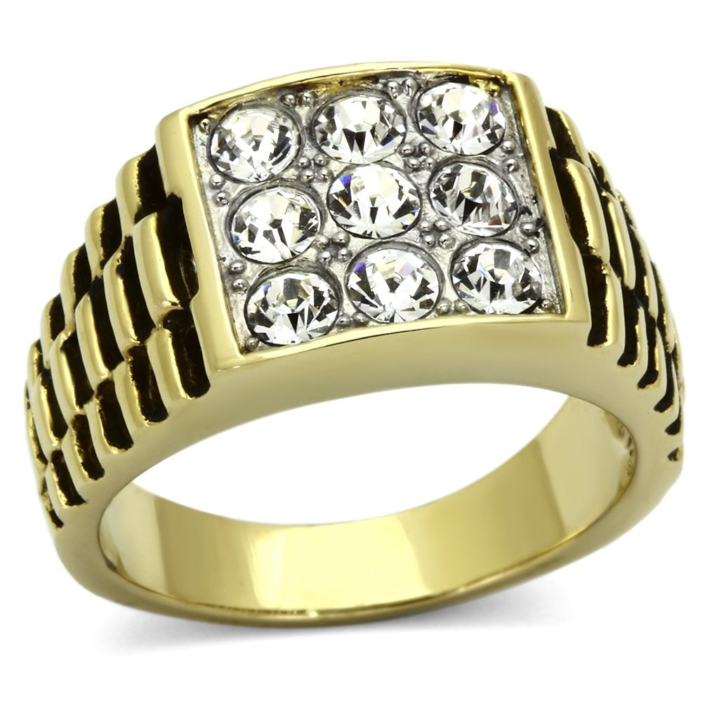 Two Tone IP Gold (Ion Plating) Stainless Steel Ring with Top Grade Crystal in Clear TK796