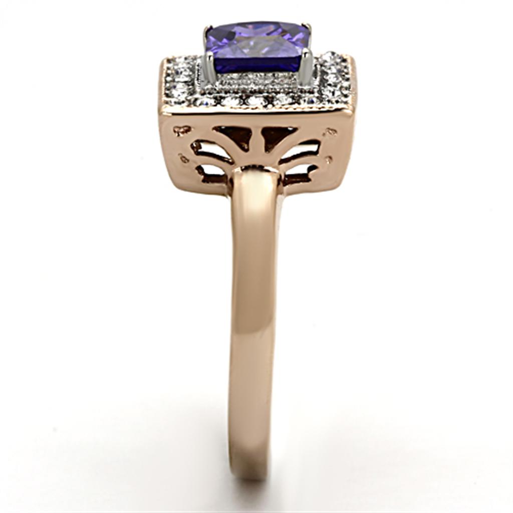Two Tone IP Rose Gold Stainless Steel Ring with AAA Grade CZ  in Tanzanite TK1162